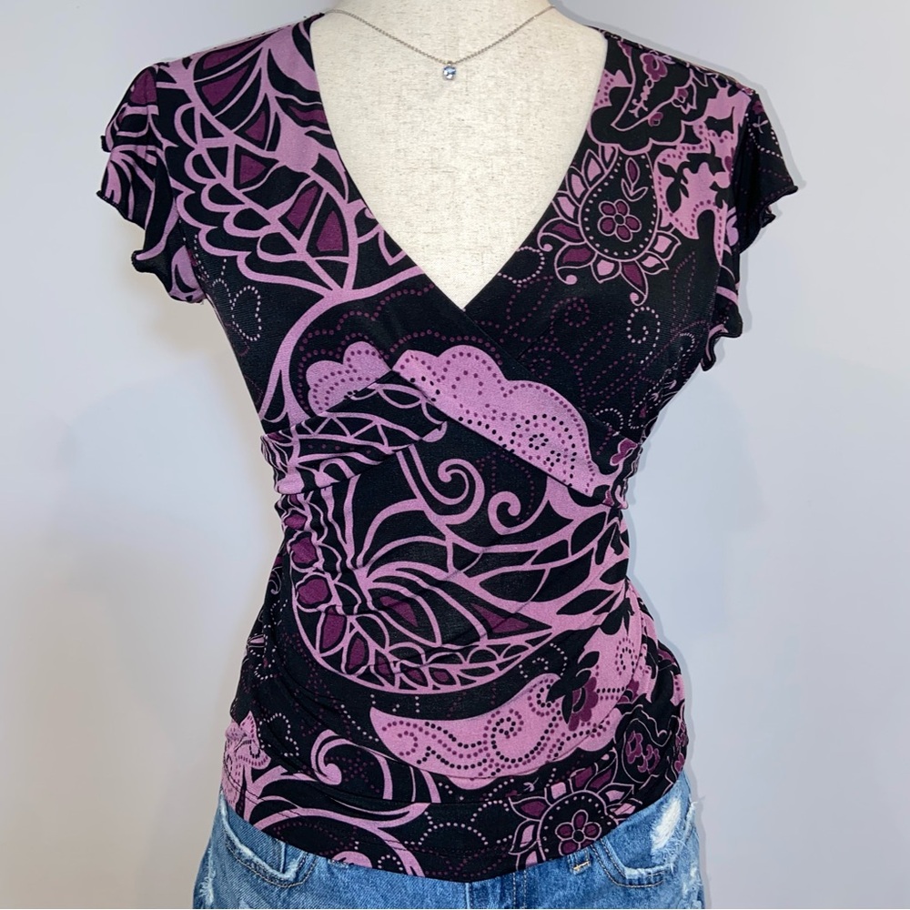 RARE Vintage Petite Sophisticate Floral V-Neck Black and Pink Top size S/M